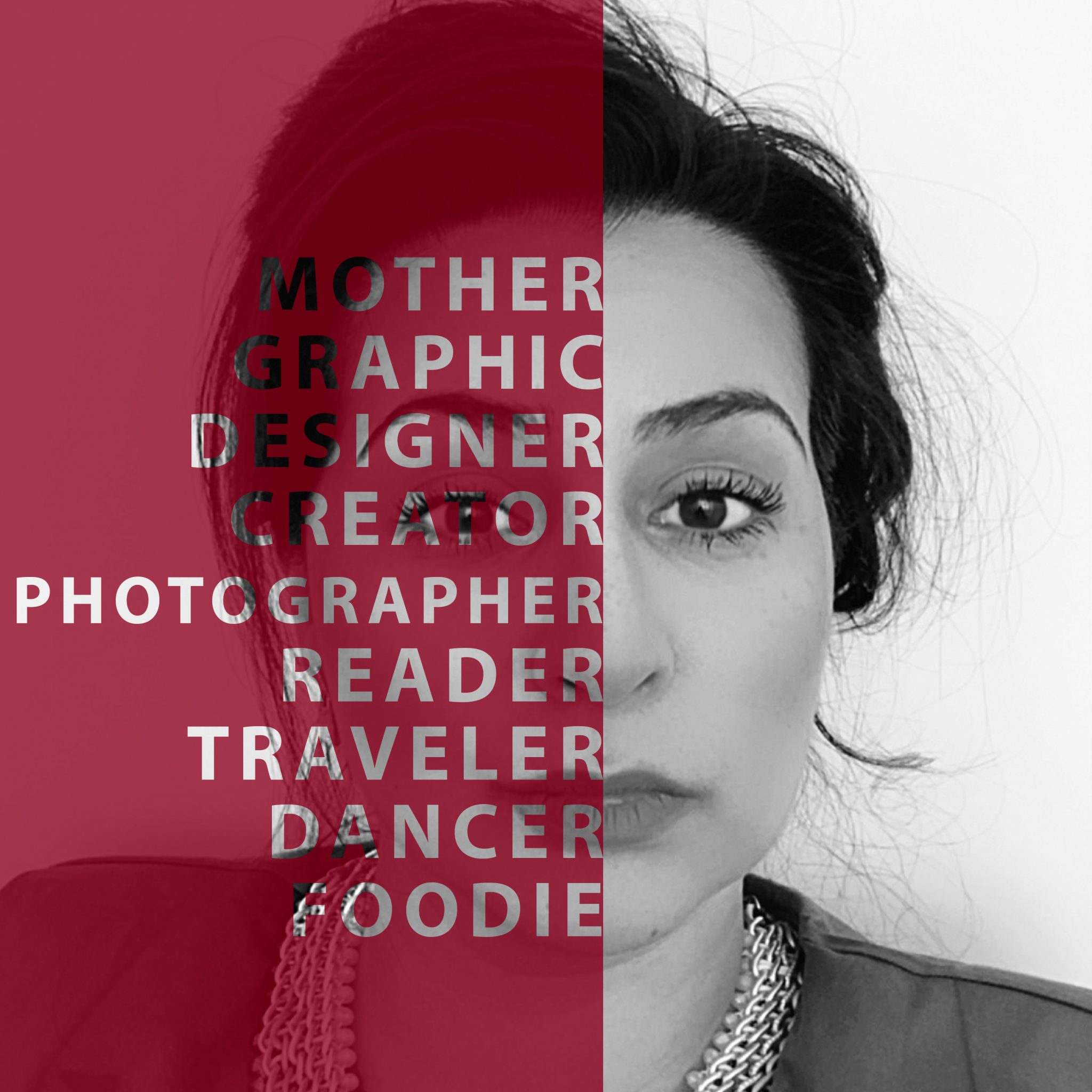 Een foto van een vrouw met de woorden moeder, grafisch ontwerper, schepper, fotograaf, lezer, reiziger, danseres, doodle.