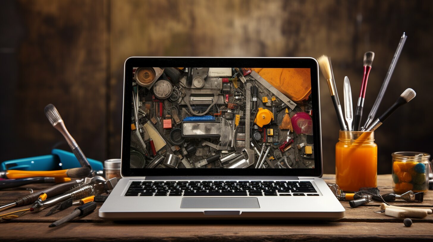 Een laptop met gereedschap erop op een houten tafel die wordt gebruikt voor het bouwen van een nieuwe website.