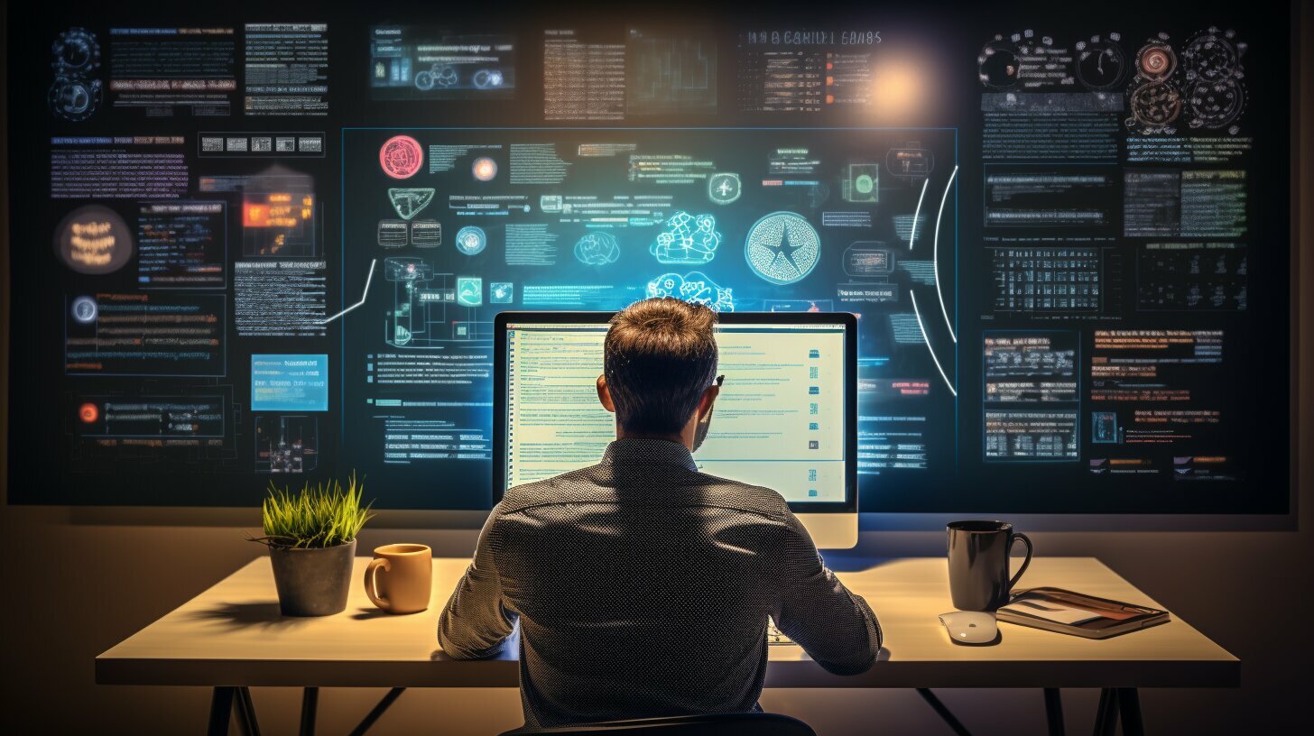 Een man zit aan een bureau met een computerscherm vol webontwerpinformatie.