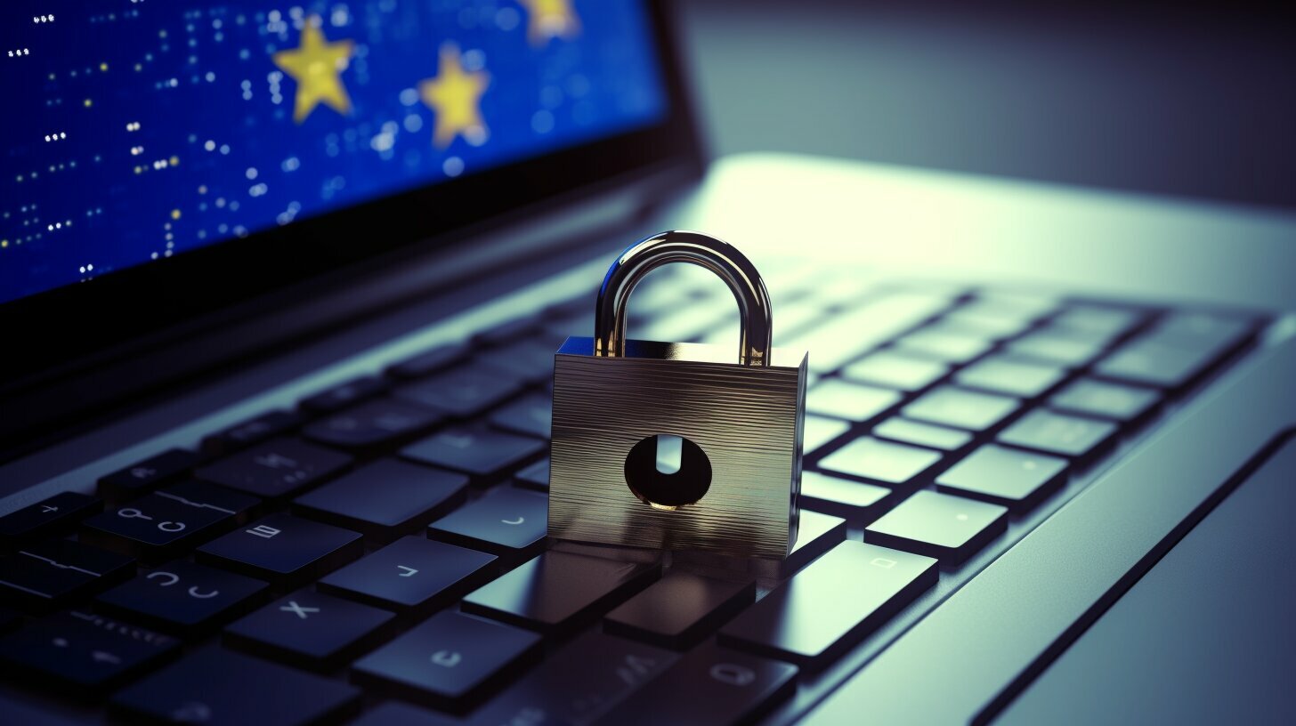 Een hangslot op een laptop met de EU-vlag op de achtergrond, symbool voor gegevensbescherming onder de AVG.