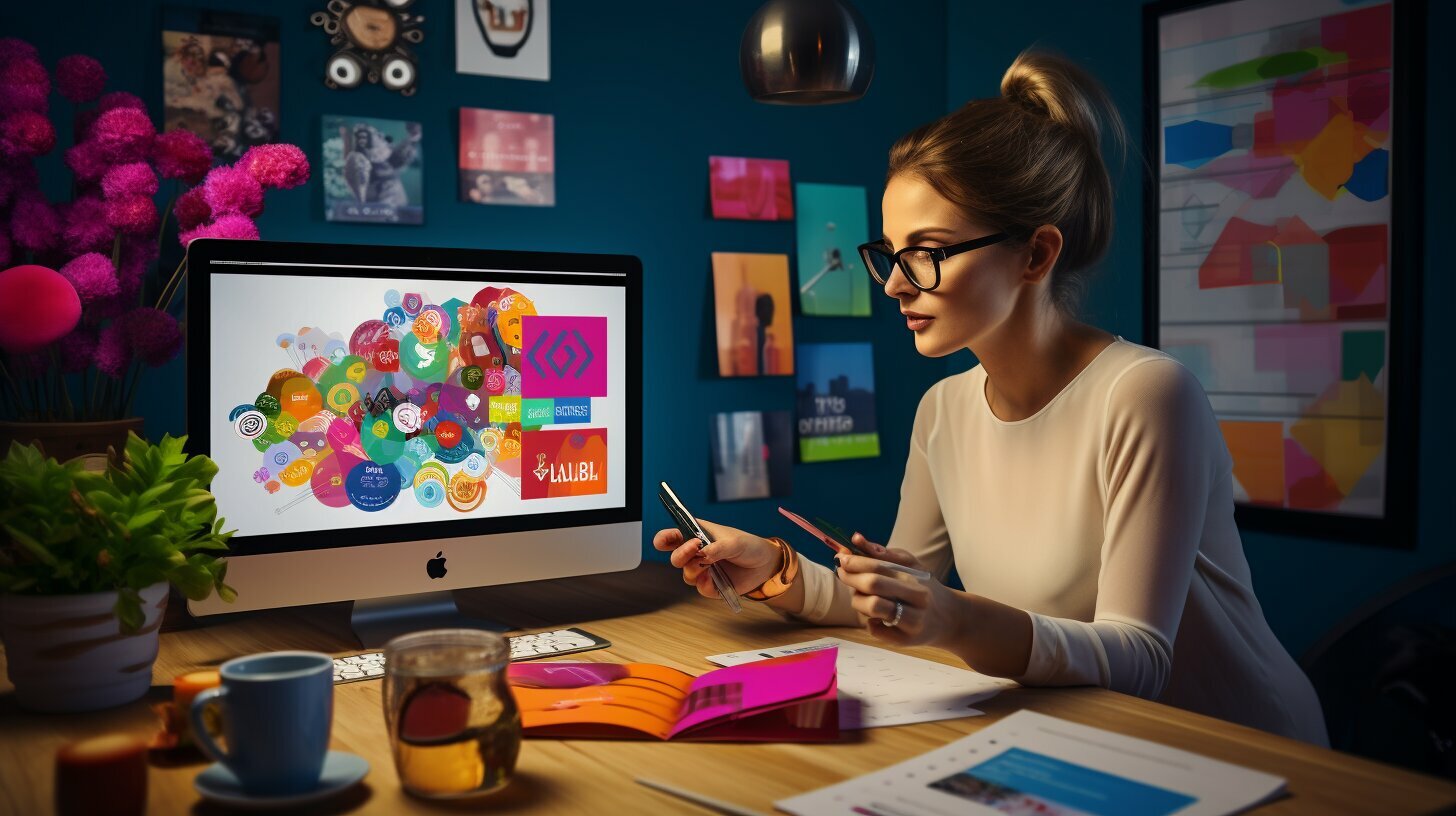 Een vrouw die aan een bureau zit en naar haar computerscherm kijkt terwijl ze door een Reclamefolder bladert.