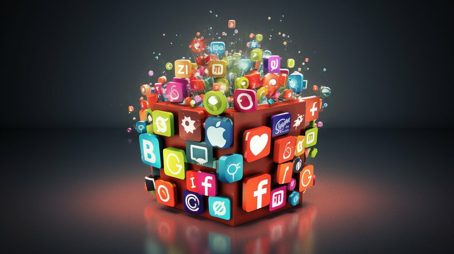 Een doos vol social media iconen op een donkere achtergrond, perfect voor een online marketingbedrijf.