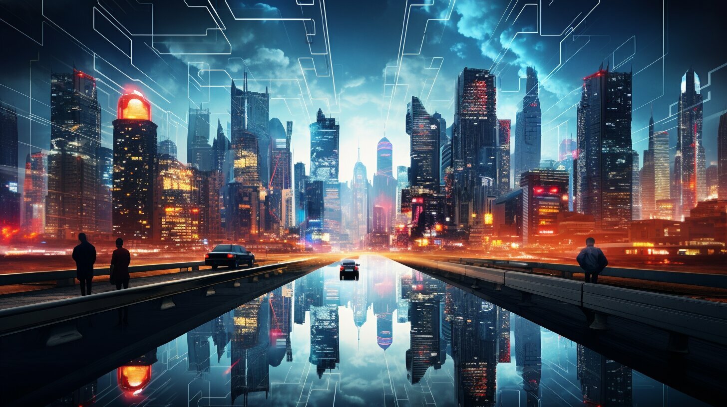 Een futuristische stad waar de nieuwste trends op het gebied van website-ontwerp worden getoond, terwijl mensen over de weg lopen.