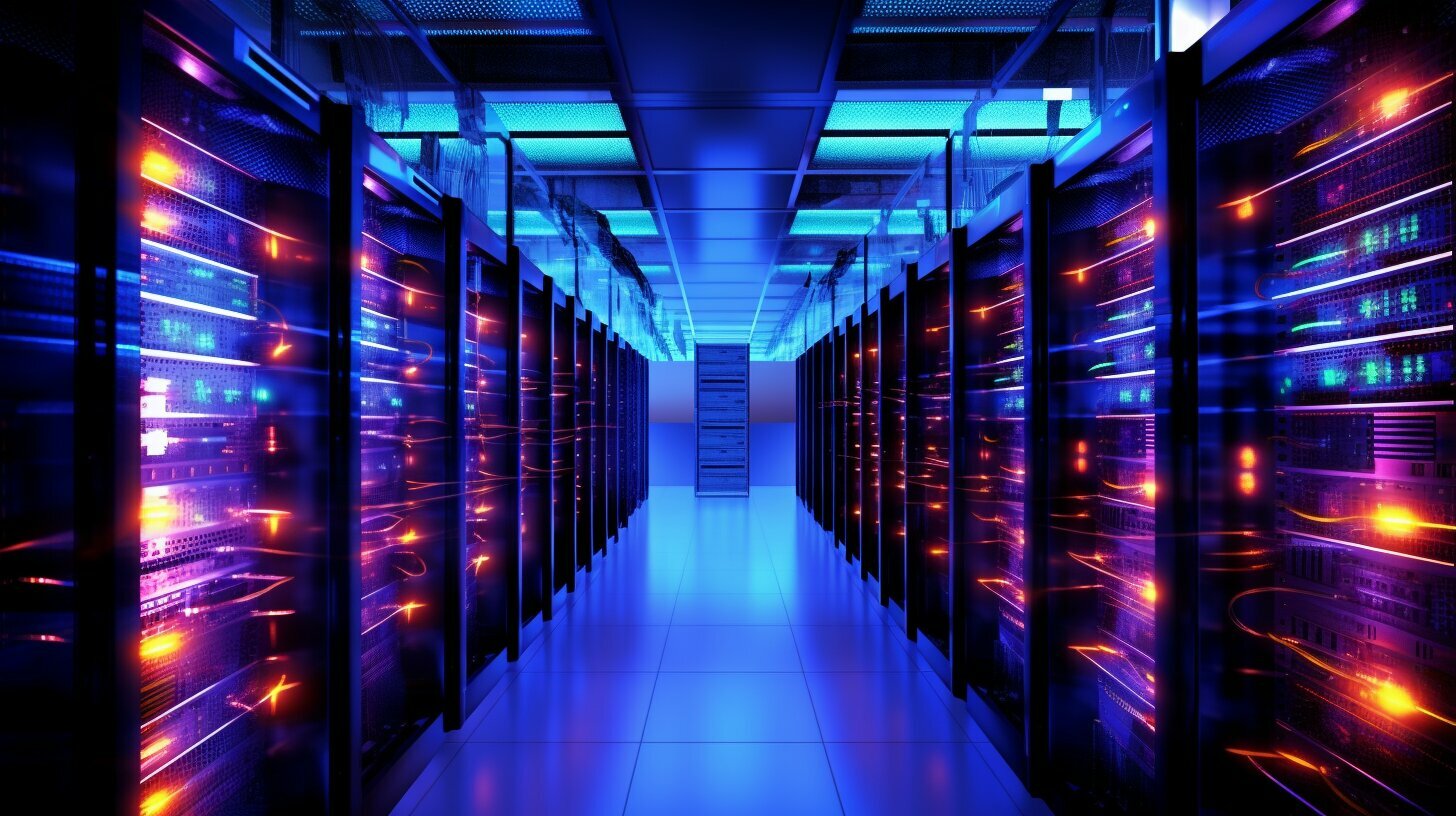 Een afbeelding van een serverruimte verlicht door blauwe lichten.