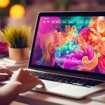 Een vrouw gebruikt een laptop met kleurrijke ontwerpen erop om te bladeren en te winkelen in een webshop die ze heeft laten maken.