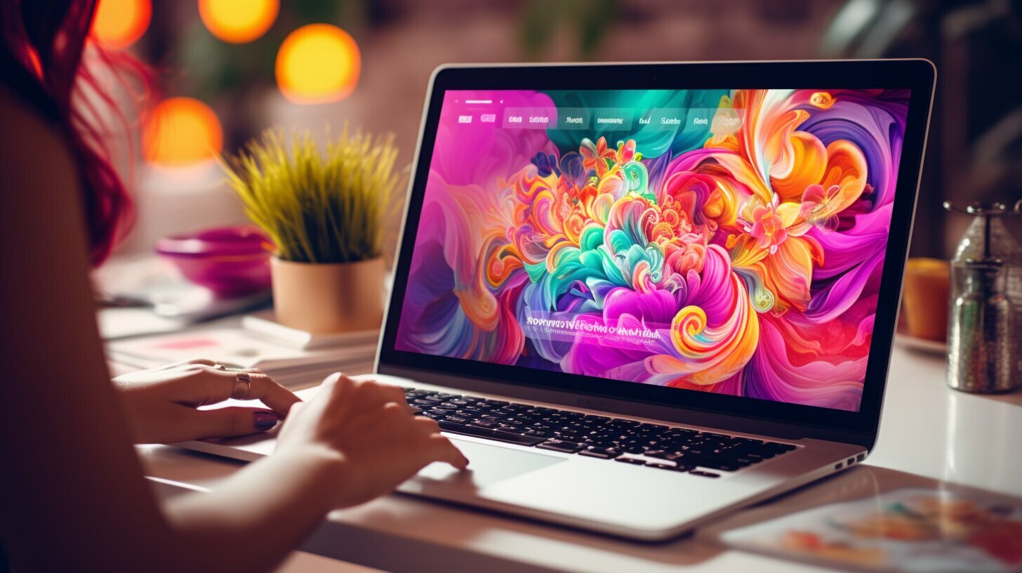 Een vrouw gebruikt een laptop met kleurrijke ontwerpen erop om te bladeren en te winkelen in een webshop die ze heeft laten maken.