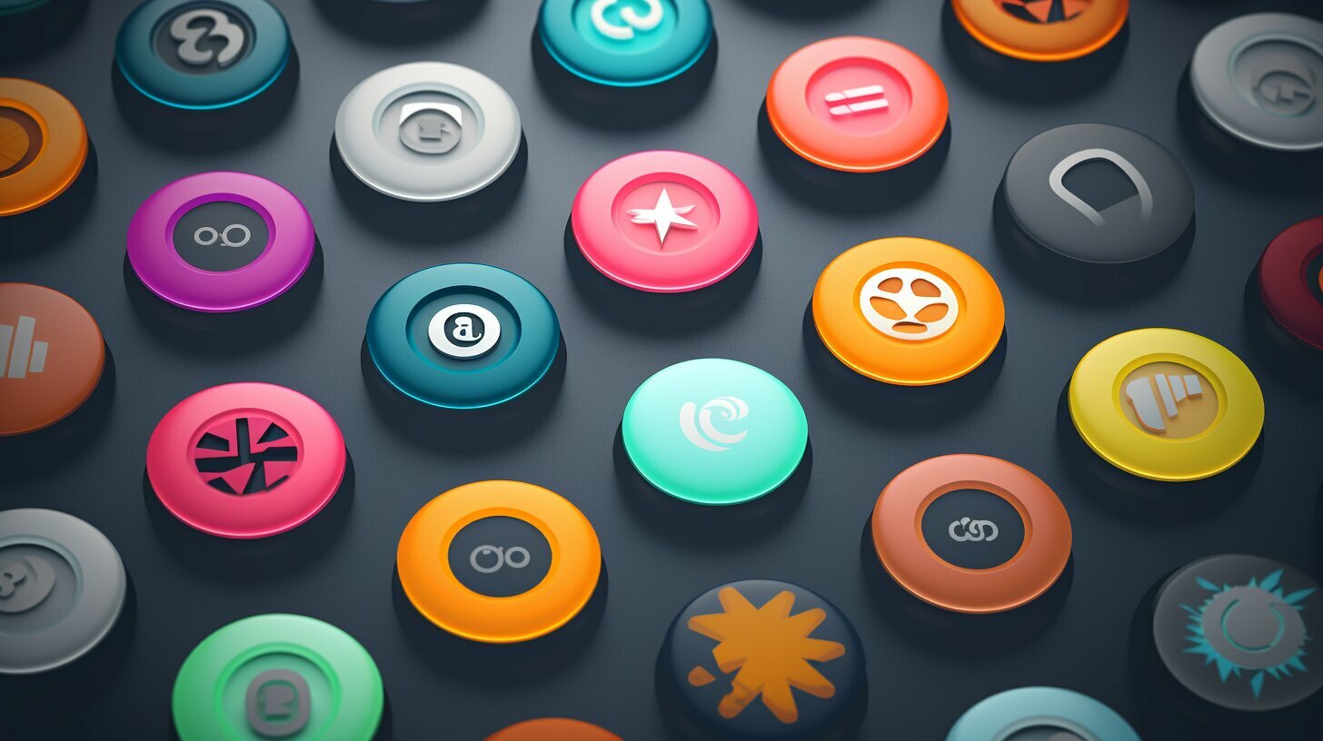 Een groep kleurrijke knoppen op een donkere achtergrond, uitgebreid met WordPress-plug-ins.