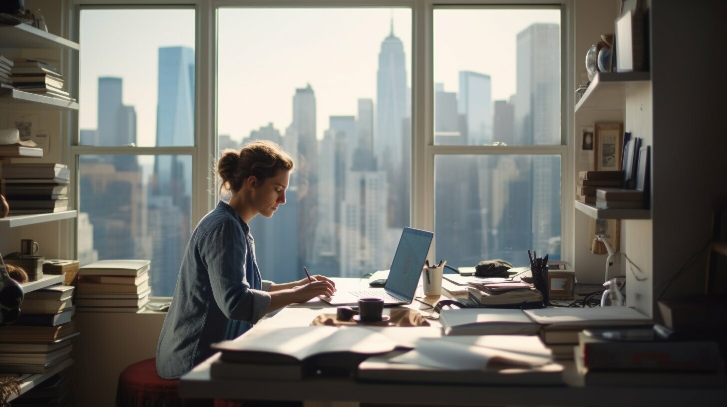 Een vrouw zit aan een bureau met een laptop voor een raam en maakt een blog.
