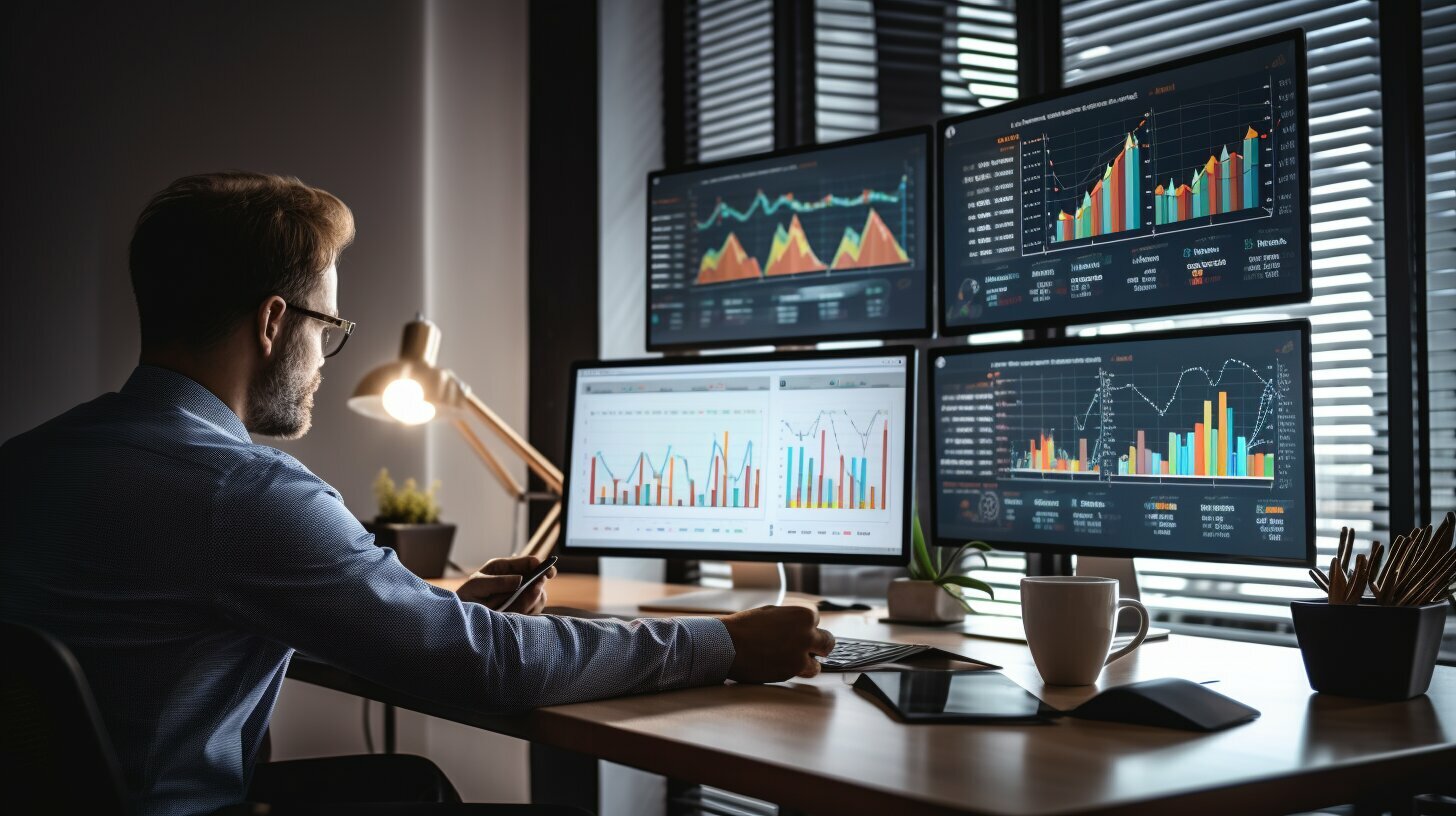 Een man zit aan een bureau en doet een zoekmachineoptimalisatie, waarbij verschillende monitoren verschillende grafieken weergeven.