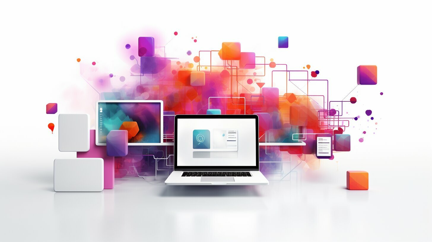 Een afbeelding van een laptopcomputer met levendige, kleurrijke blokken eromheen in een visueel aantrekkelijke compositie.