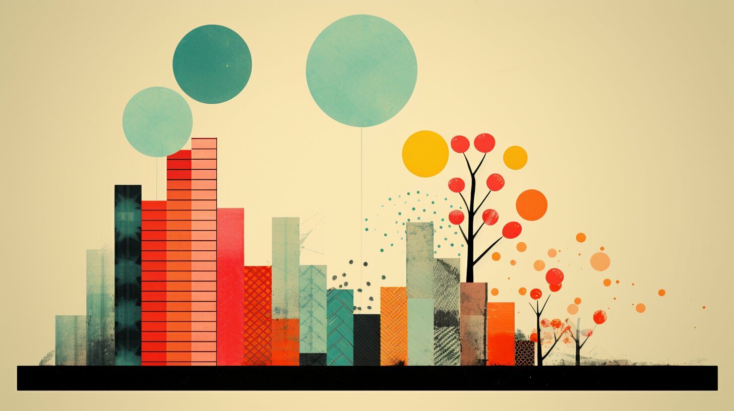 Een illustratie van een stad met bomen en ballonnen, ontworpen om hoger in de zoekresultaten van Google te komen.