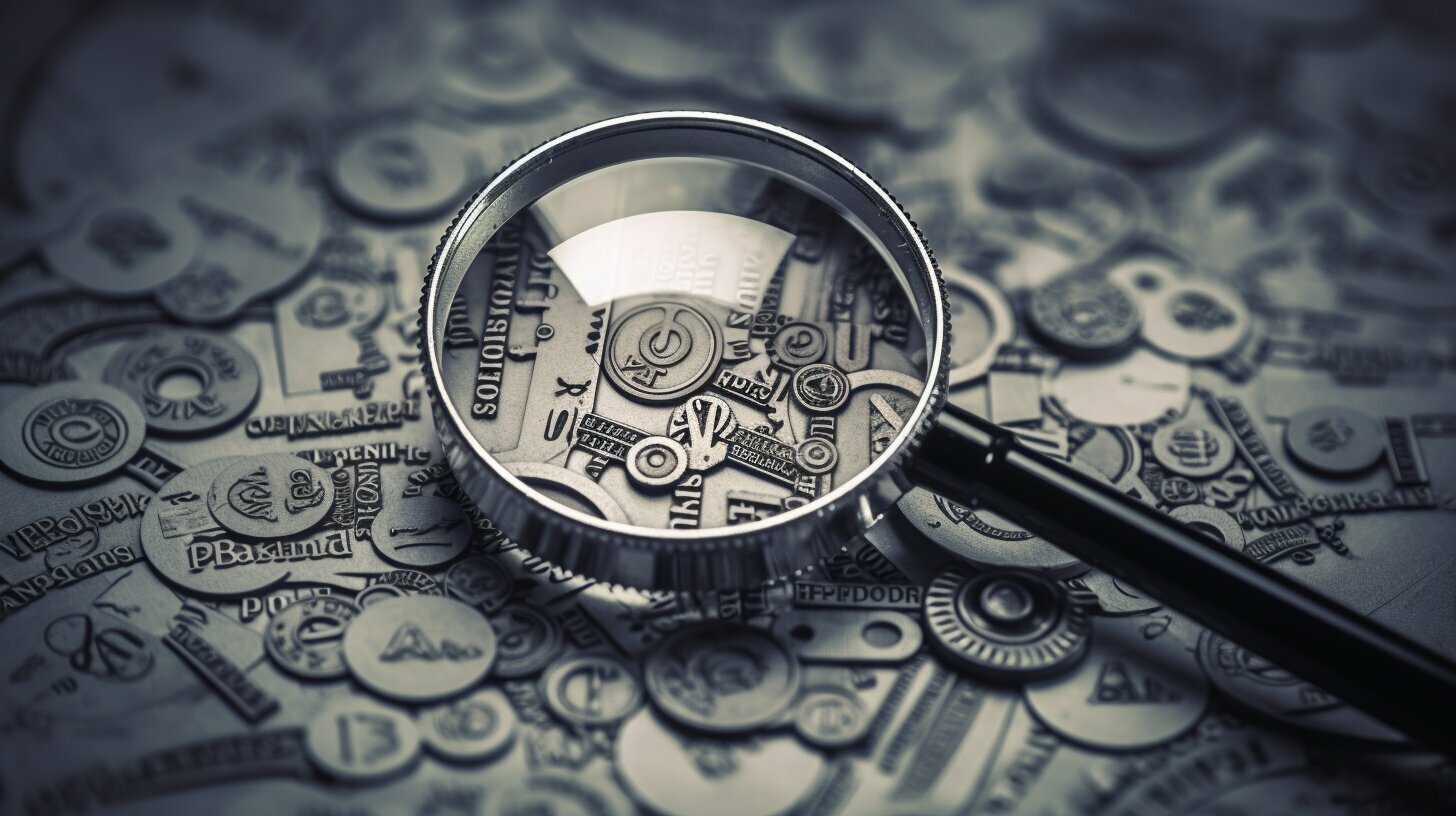Een vergrootglas bovenop een stapel munten vertegenwoordigt de expertise van een SEO-marketingbureau.