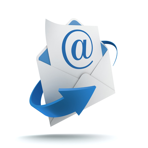 Een blauwe pijl die naar een e-mailenvelop wijst die e-mailmarketing vertegenwoordigt.