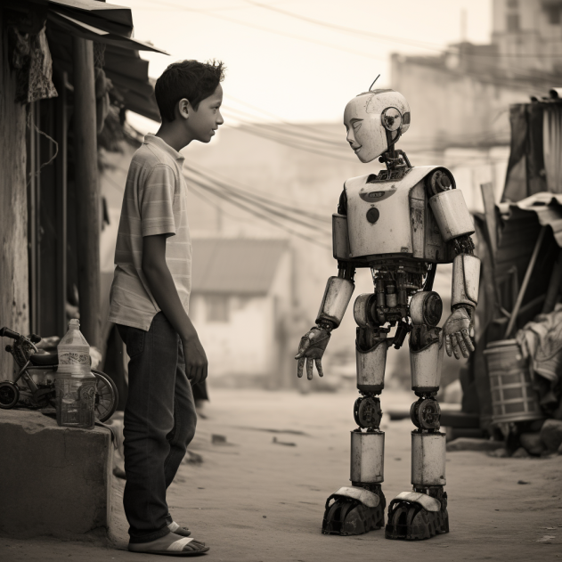In een sloppenwijk staat een jongen naast een robot. De scène legt het schril contrast vast tussen de technologische vooruitgang, vertegenwoordigd door de robot, en de verarmde omgeving van de sloppenwijken.