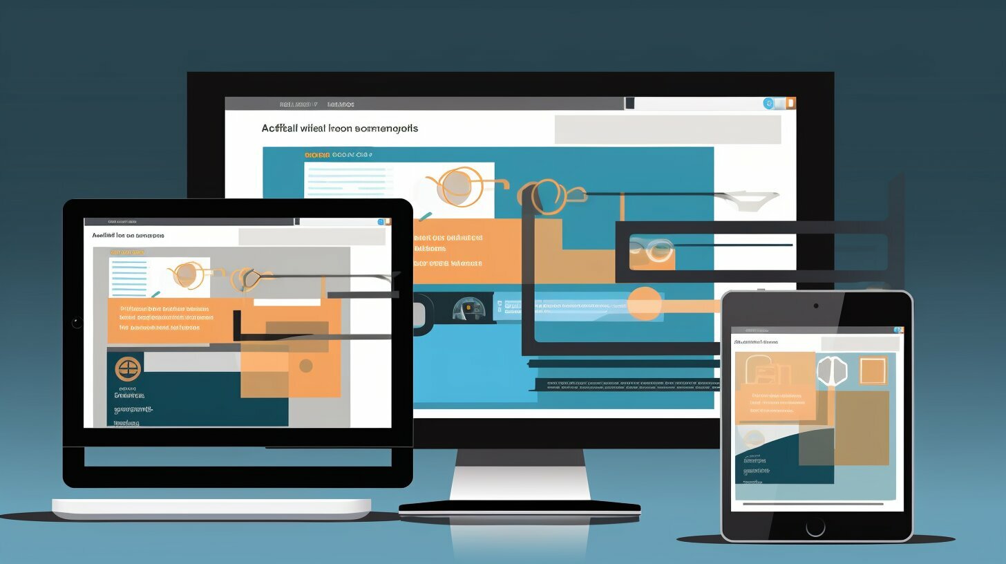 Een mobiele telefoon, tablet en computer worden weergegeven op een blauwe achtergrond met webdesign.