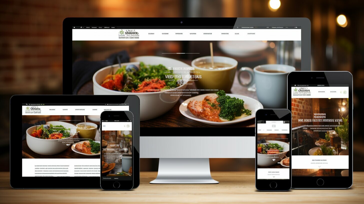 Een webdesign dat een restaurantwebsite presenteert op meerdere apparaten: laptop, tablet en telefoon.