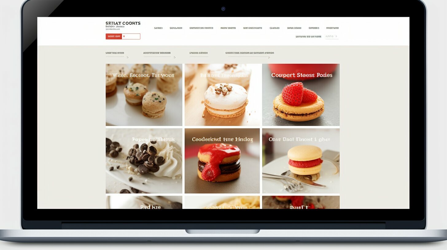 Een laptop toont een webdesign met een verscheidenheid aan desserts.