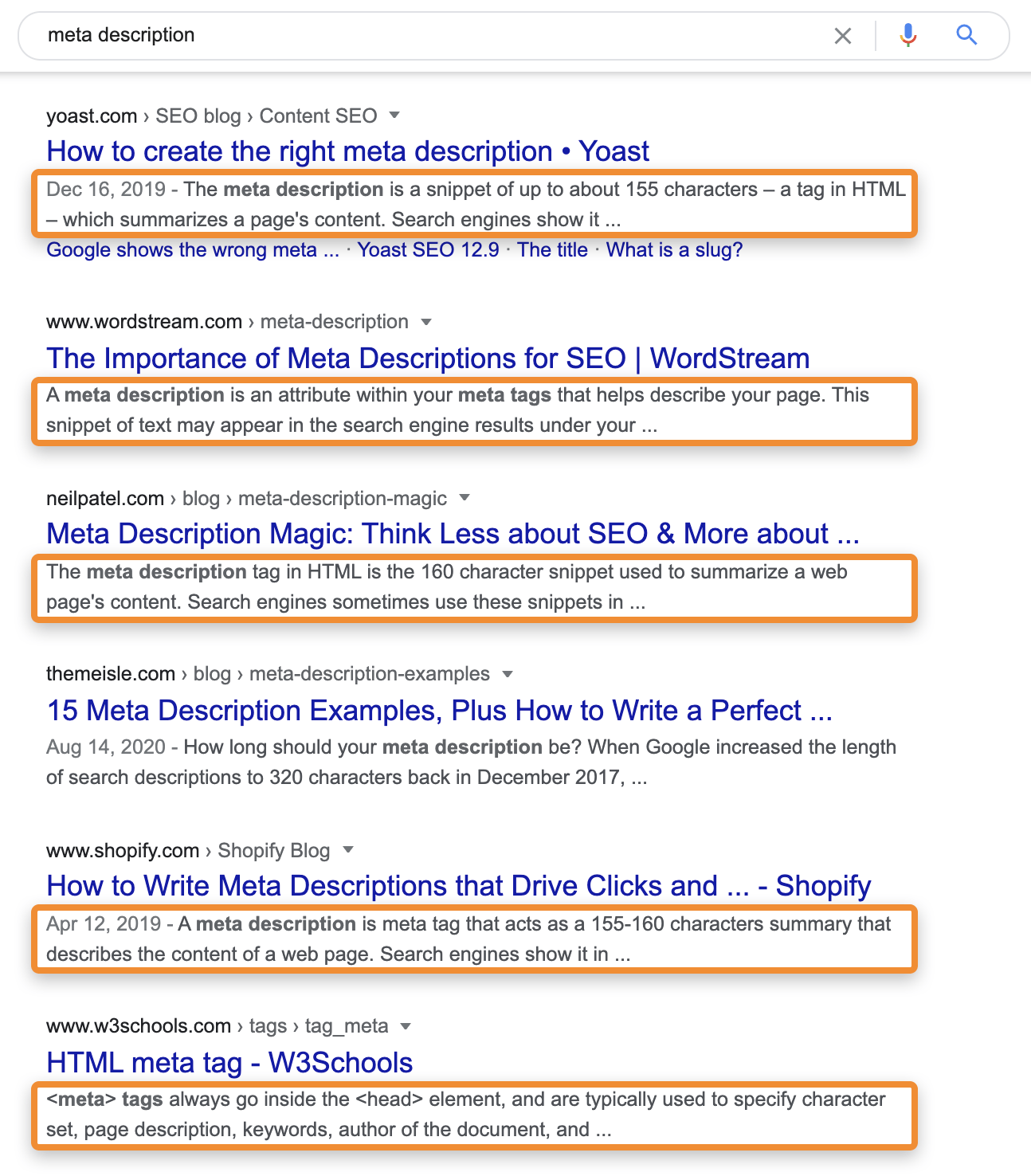 Een screenshot van een zoekmachine met WordPress-metabeschrijvingen.